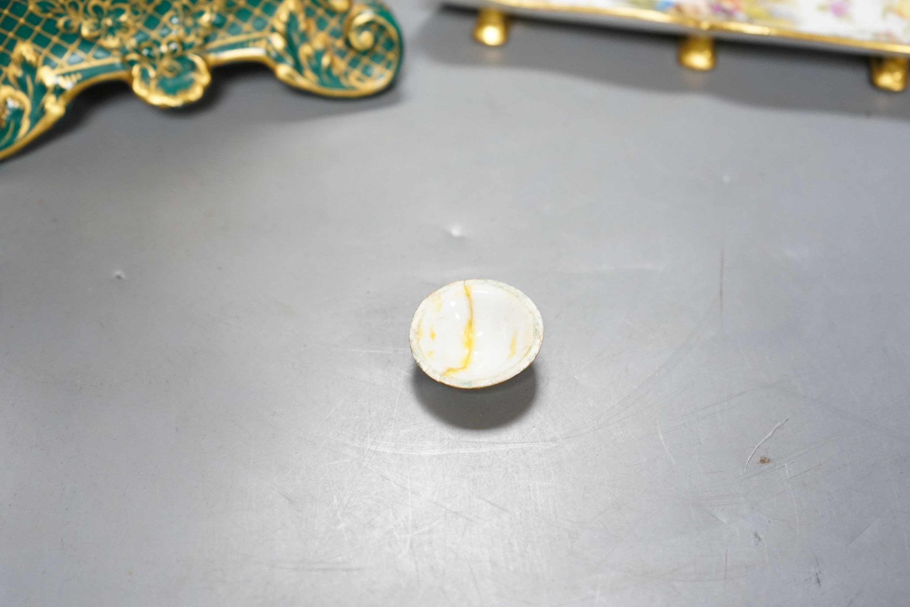 A Dresden porcelain model longcase timepiece and matching ink stand 34cm